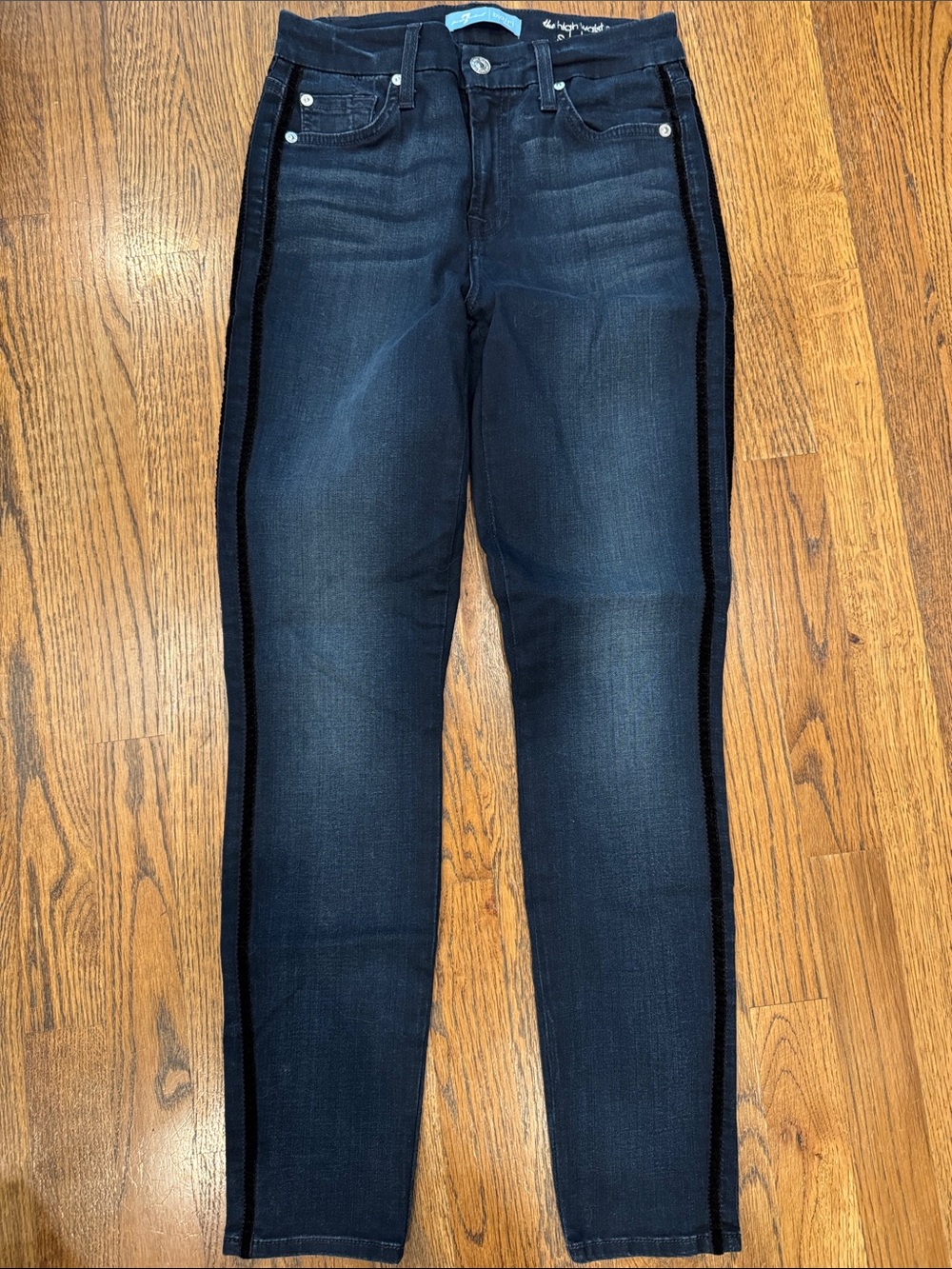 7 For All Mankind Women's Dark Blue Skinny Jeans with Black Velvet Side Stripe